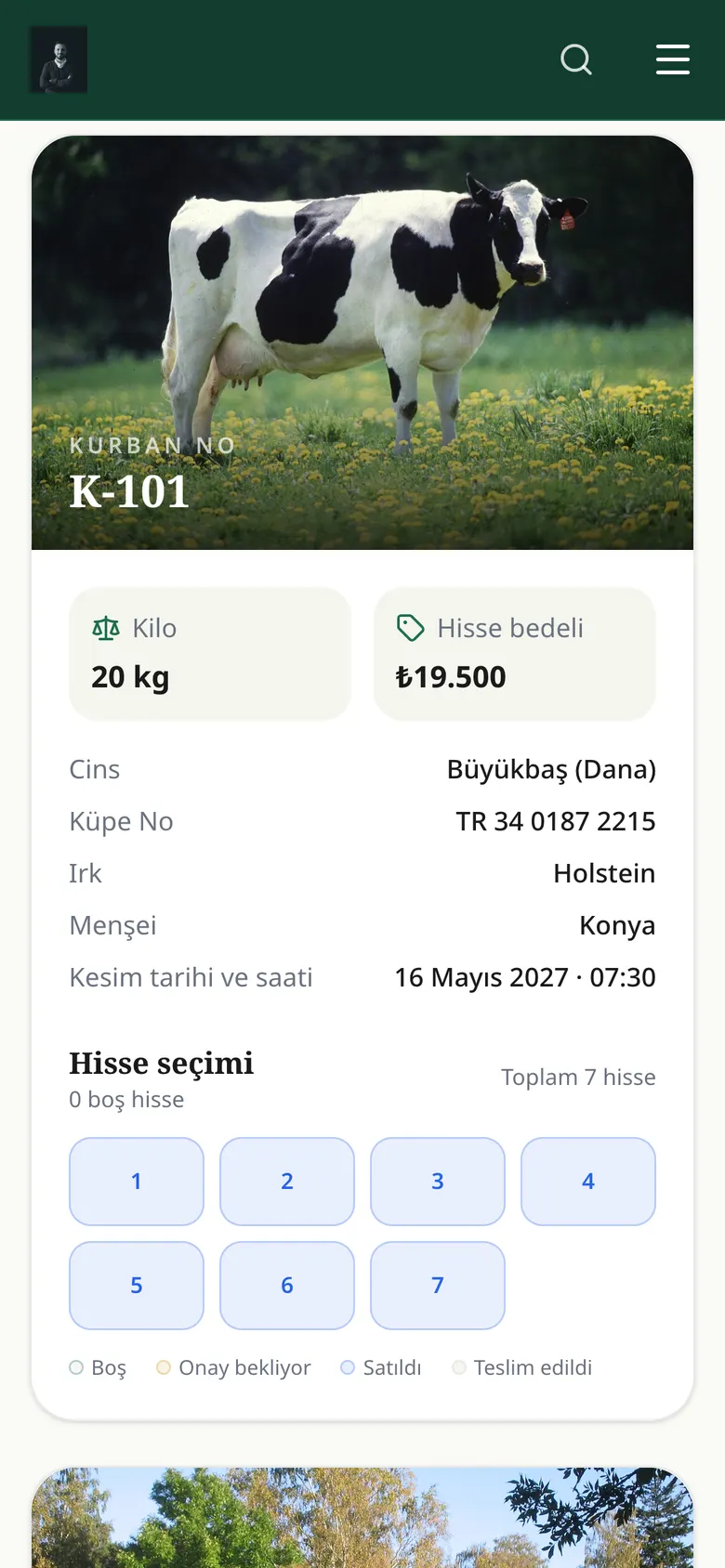 Kurbanlık kartı ve hisse seçimi